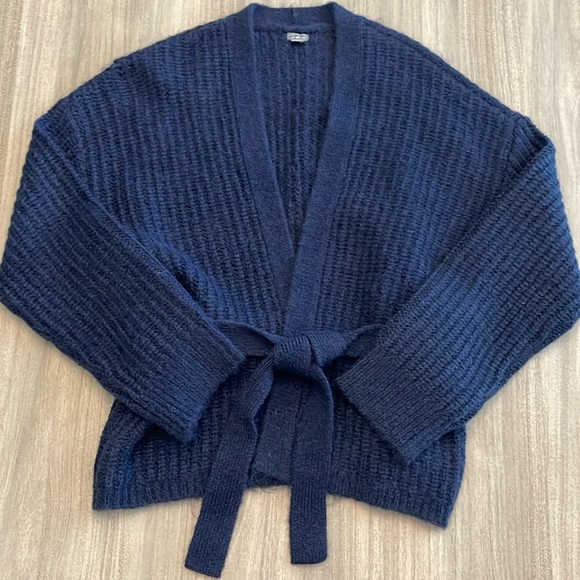 Aerie Navy Blue Wool Fuzzy Ribbed Sweater Tie Cardigan Long Sleeve NWOT - Picture 2 of 13